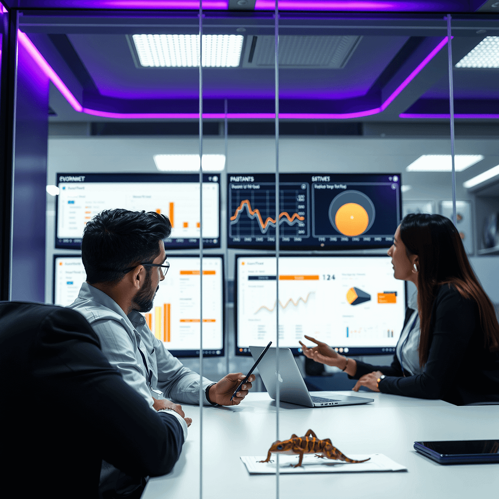 Diverse Profis analysieren Pain Points an digitaler Wandtafel in modernem Büro mit gecko