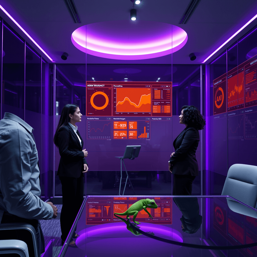 Drei Fachleute analysieren Reporting Frequency Daten auf digitalen Dashboards in einem modernen Boardroom mit lila Akzentbeleuchtung und minimalistischen Möbeln