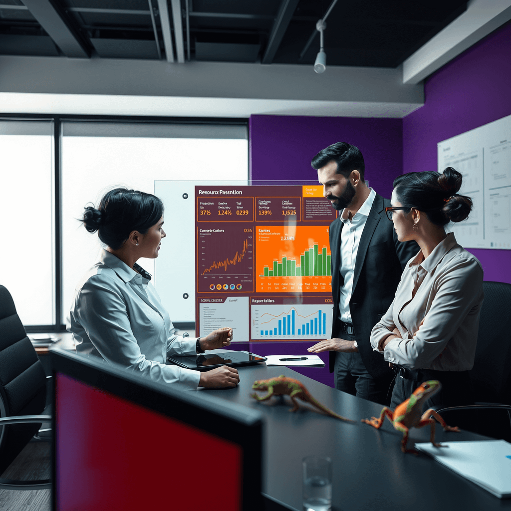 Drei Businessleute analysieren Resource Planning Charts an einer Glaswand in einem minimalistischen Büro