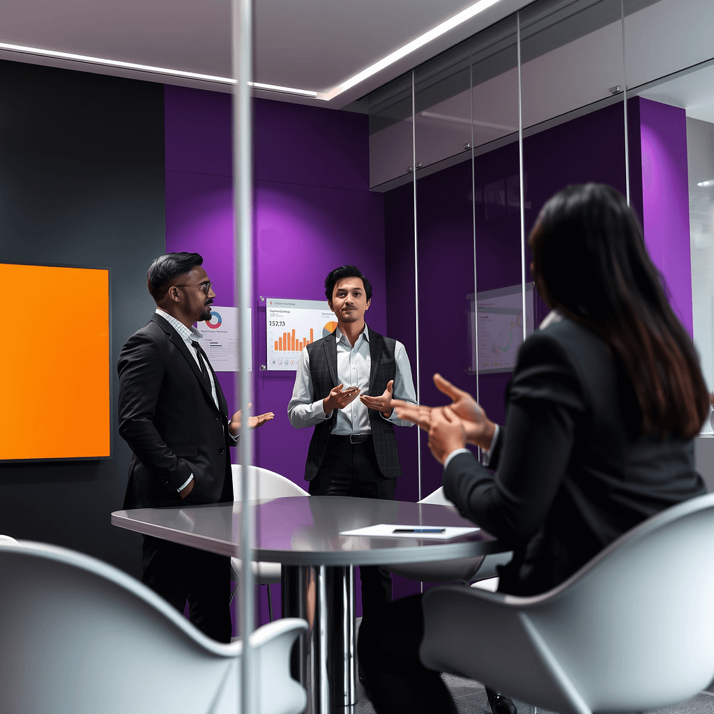 Drei diverse Profis im Stakeholder Meeting besprechen Engagement Strategien in einem modernen Boardroom mit lila Akzentwand und digitaler Anzeige