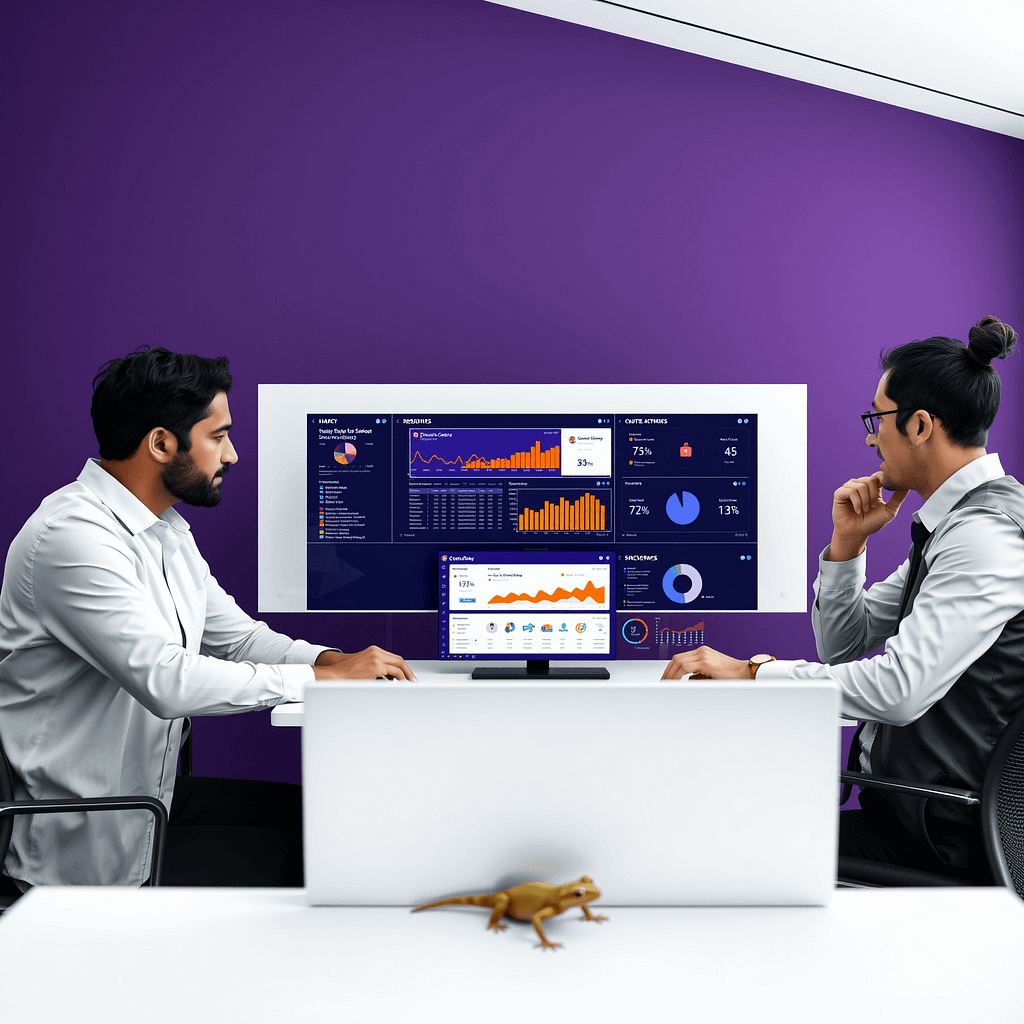 Drei Fachleute analysieren Survey Management Daten auf transparenten Displays im minimalistischen Büro mit gecko