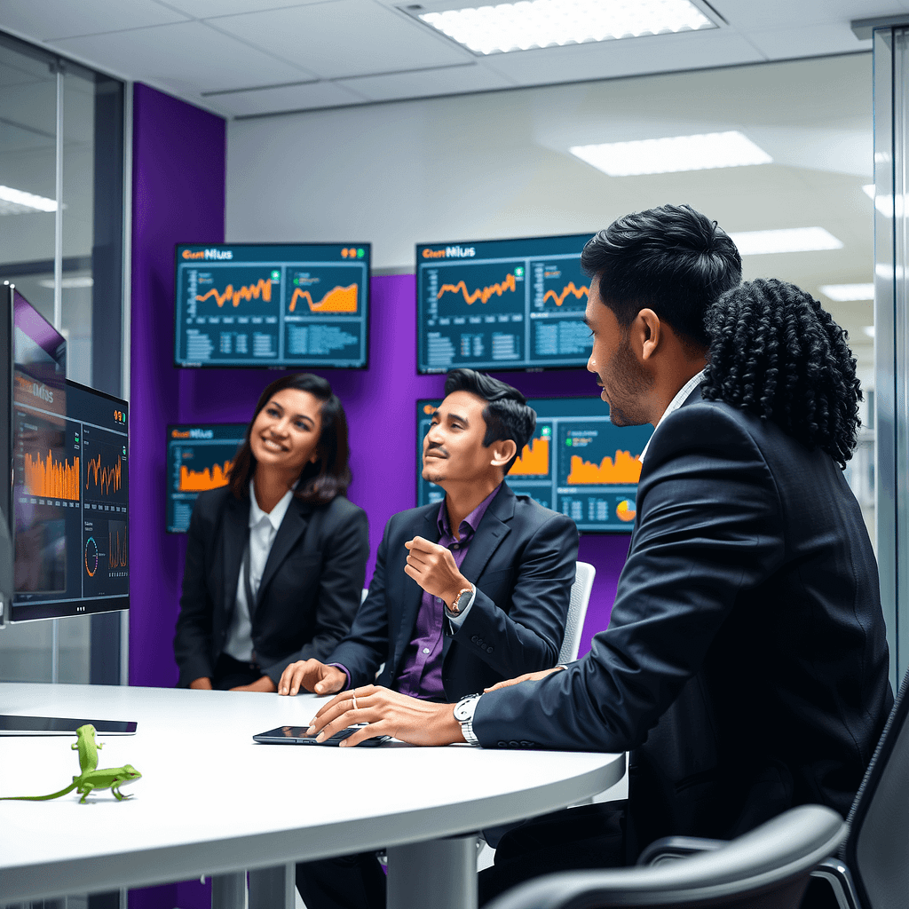 Drei Fachleute analysieren System Performance an Monitoren in modernem Büro mit Gecko