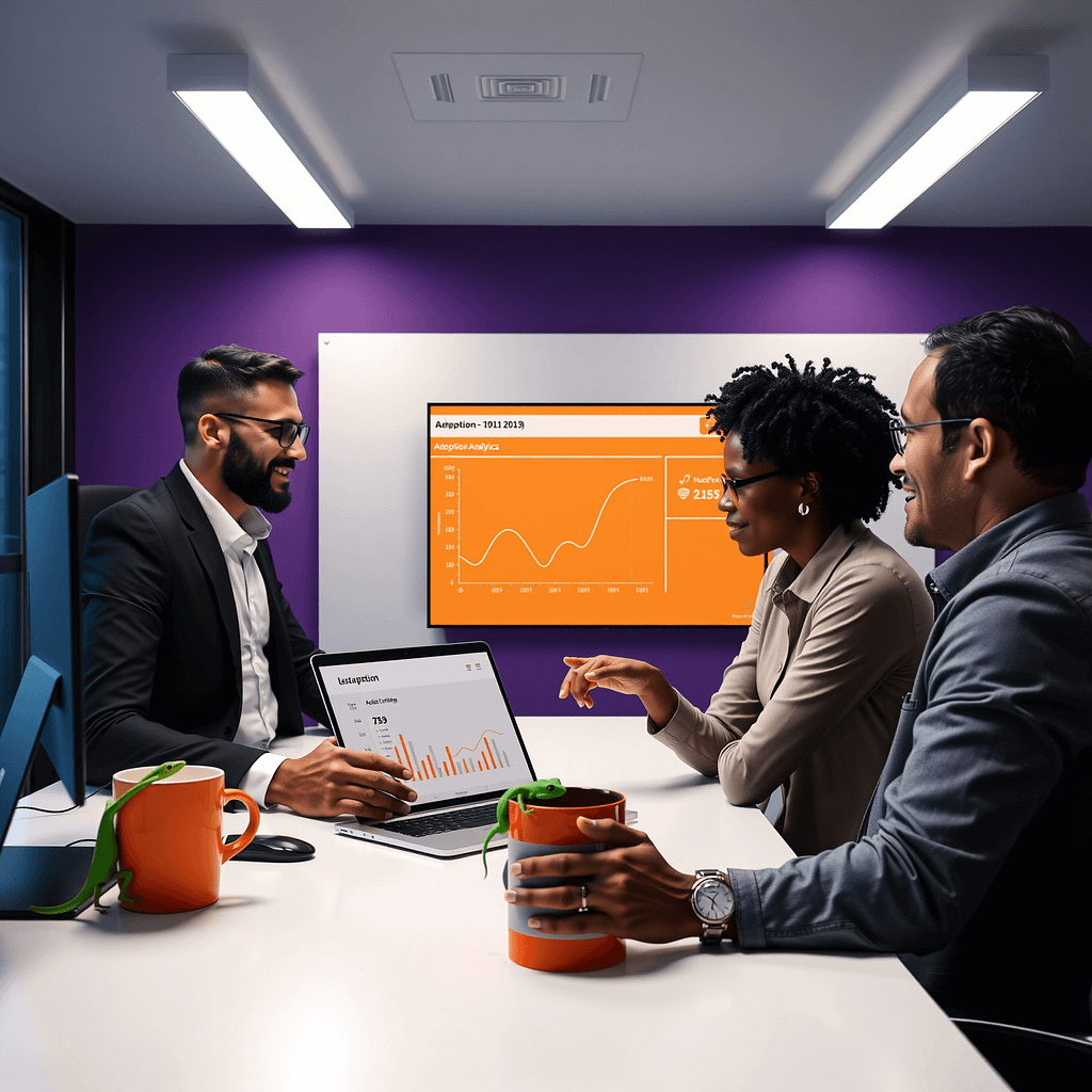 Drei Fachleute analysieren User Adoption Daten an modernem Arbeitsplatz mit Gecko