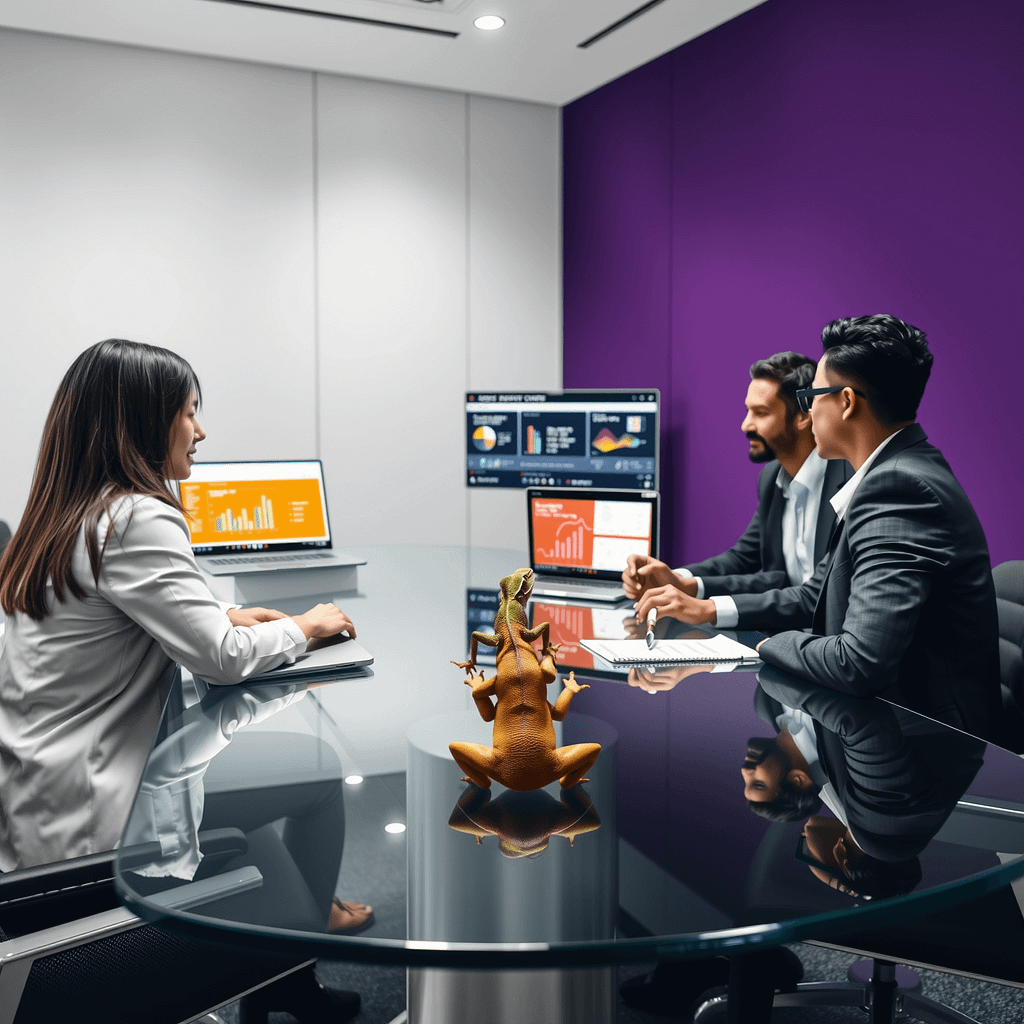 Drei Fachleute diskutieren Vendor Lock-In Lösungen in einem modern gestalteten Boardroom mit digitalem Dashboard