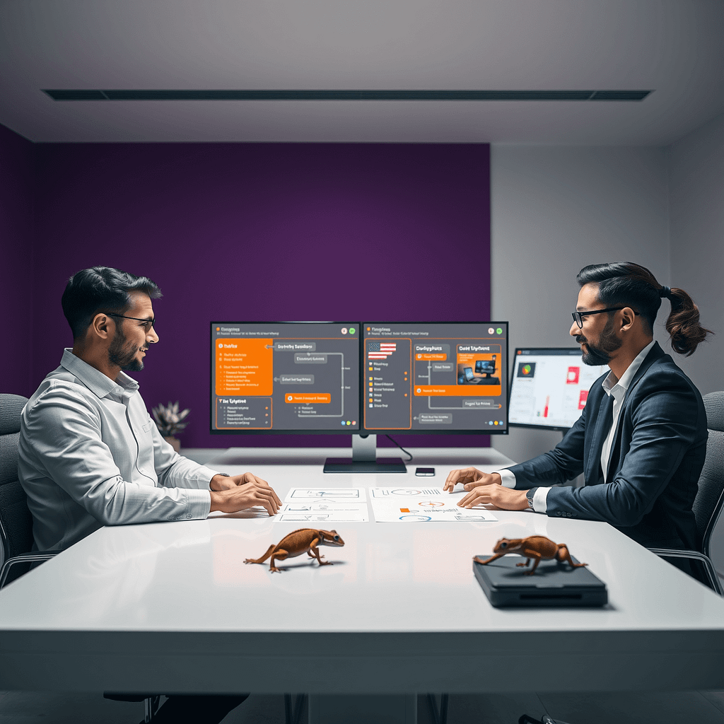 Drei Fachleute bei der Zusammenarbeit an Workflow Diagrammen an einem weißen Tisch im minimalistischen Büro