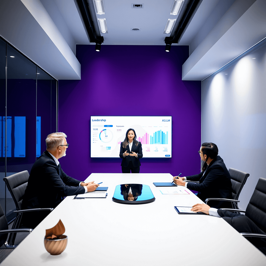 Vier Führungskräfte diskutieren Transformational Leadership an modernem Konferenztisch