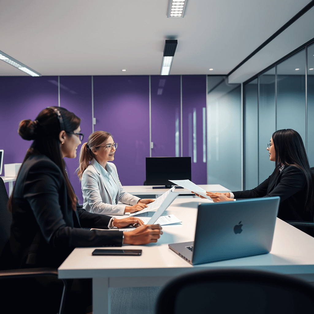 Drei Fachleute bewerten Bewerbungen im modernen Büro mit lila Akzentwand im Bewerbungsprozess