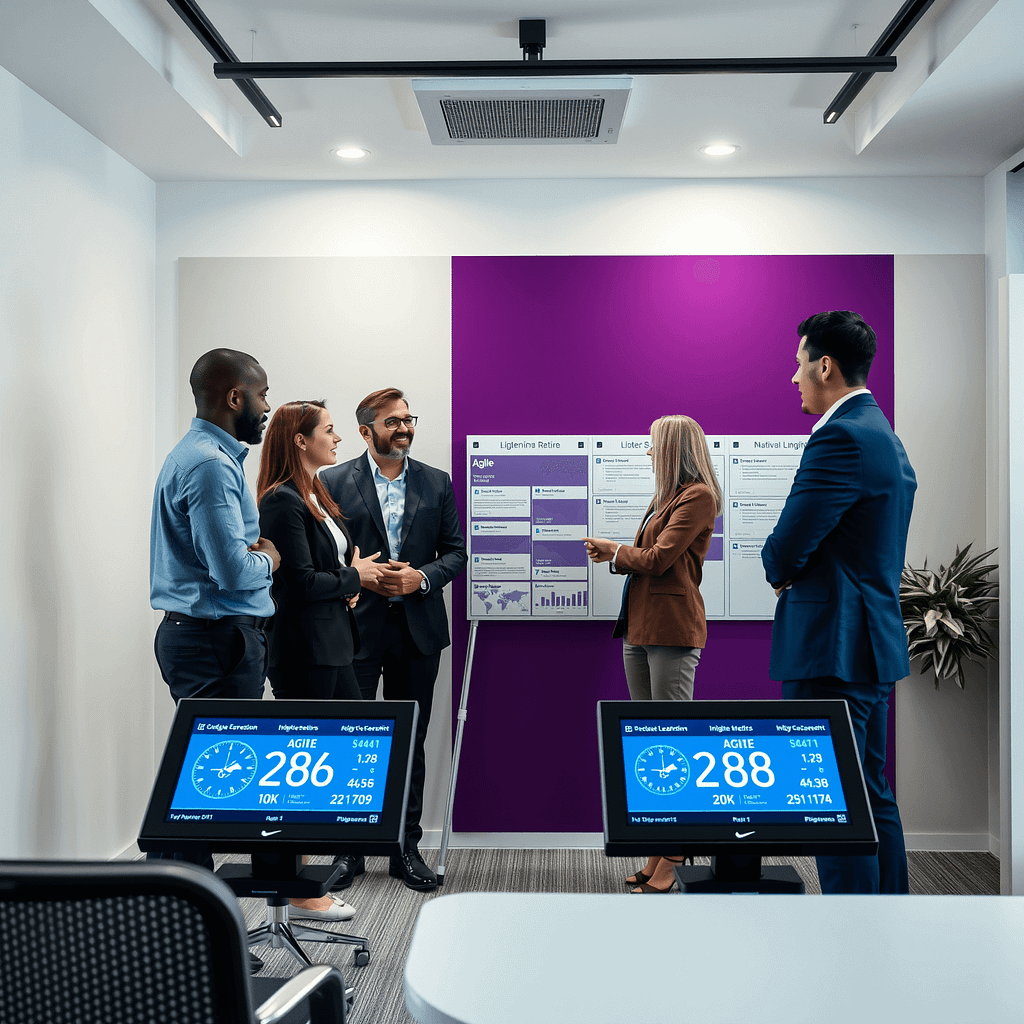 Diverse professionals discuss agile leadership by kanban board in modern office