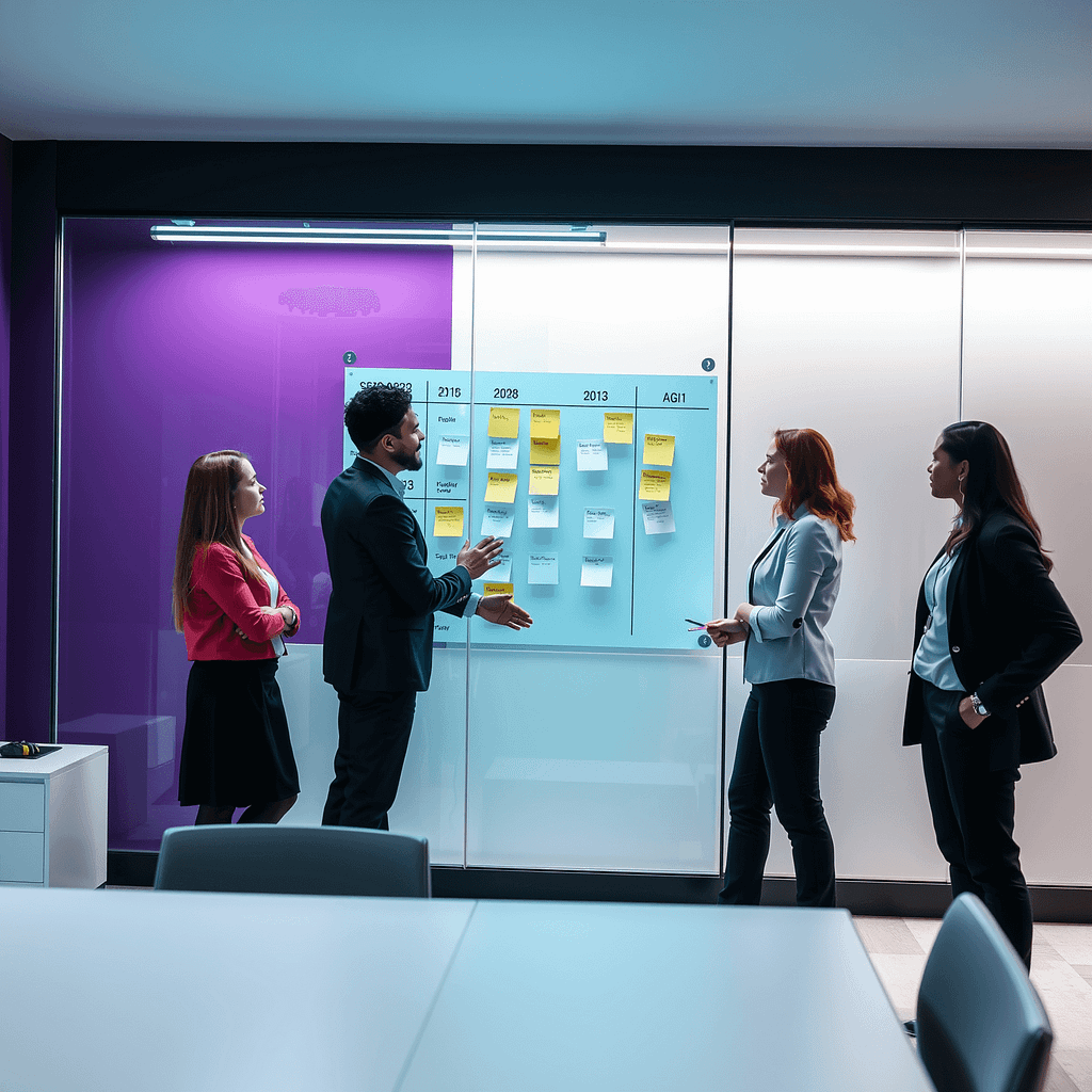 Drei Fachleute diskutieren agile Methoden an einem Kanban-Board in Büro mit purpurfarbener Wand und blauen Bildschirmen