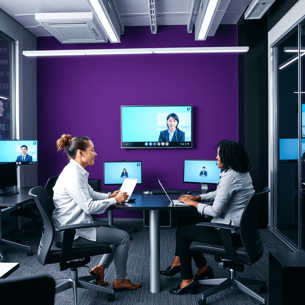 Drei Fachleute im modernen Arbeitsort arbeiten hybrid in einem Büro mit lila Akzentwand und digitalen Displays
