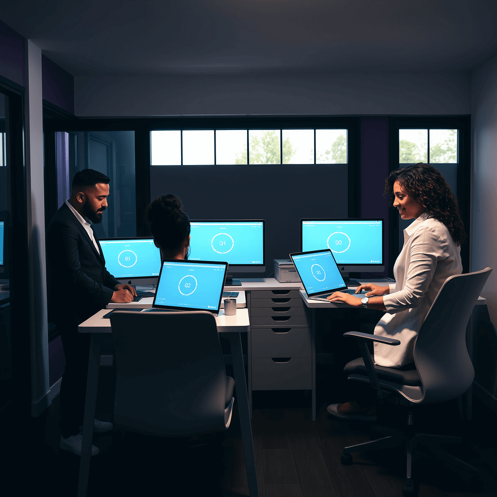 Drei Fachleute im Homeoffice bei Arbeitszeiterfassung auf Laptops im modernen Raum mit purpurfarbener Wand
