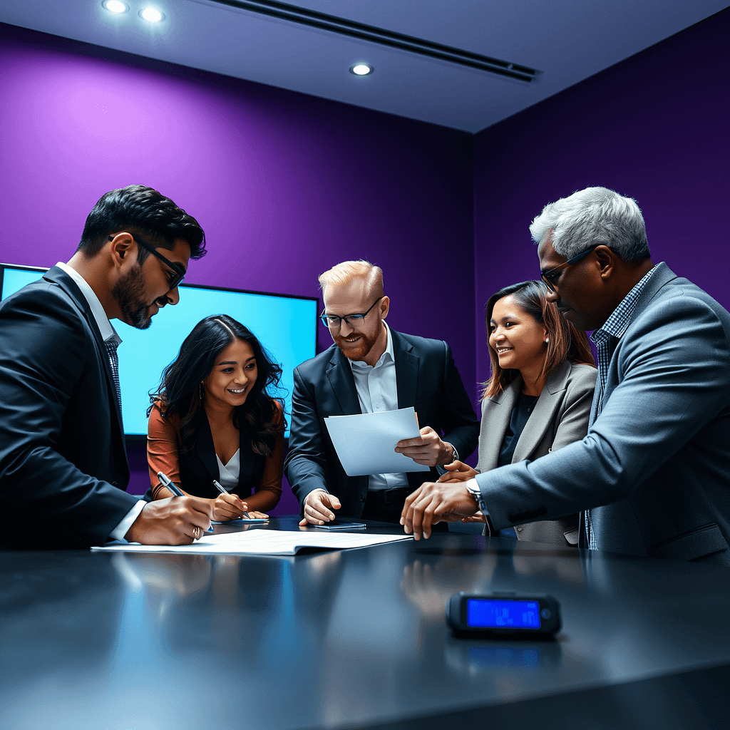 Vier Fachleute in modernem minimalistischem Boardroom diskutieren Betriebsvereinbarung