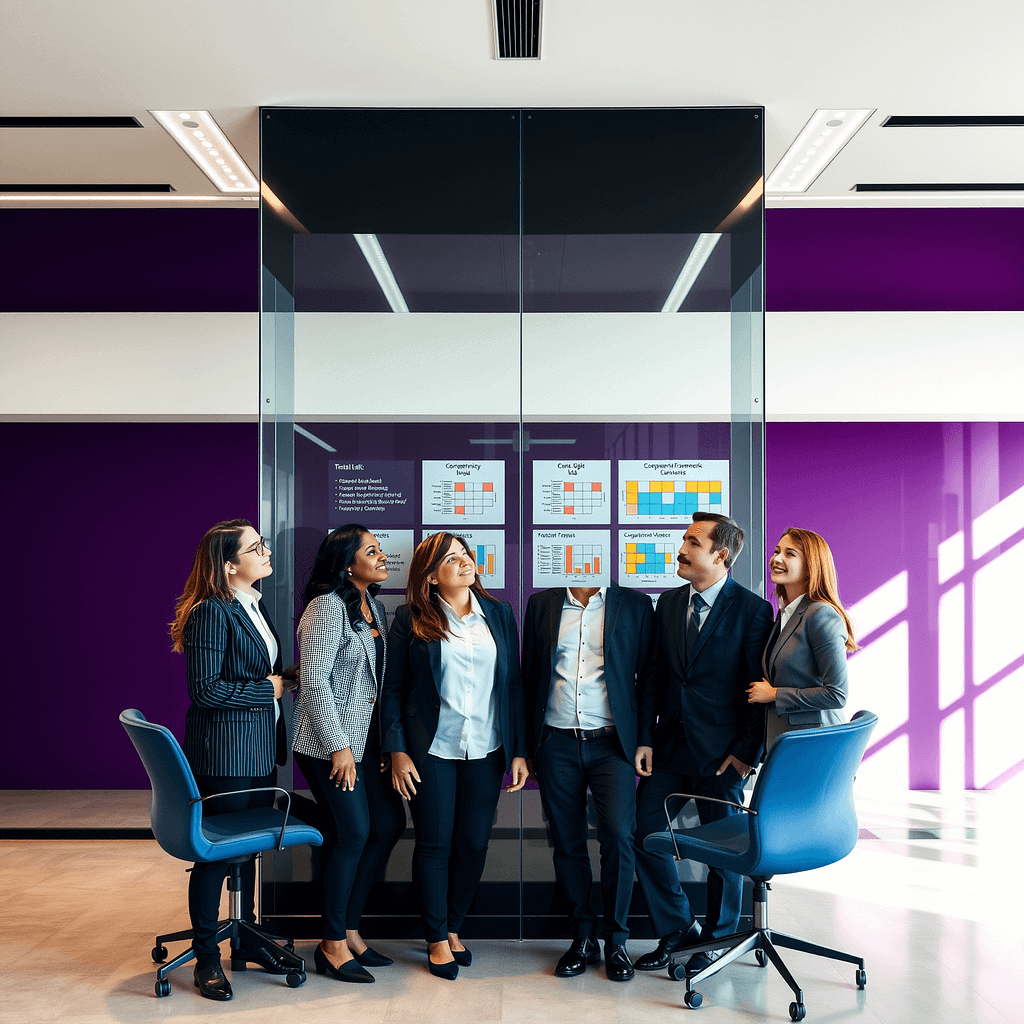 Vier diverse Fachleute analysieren Competency Framework Charts an einer Glaswand in modernem Büro