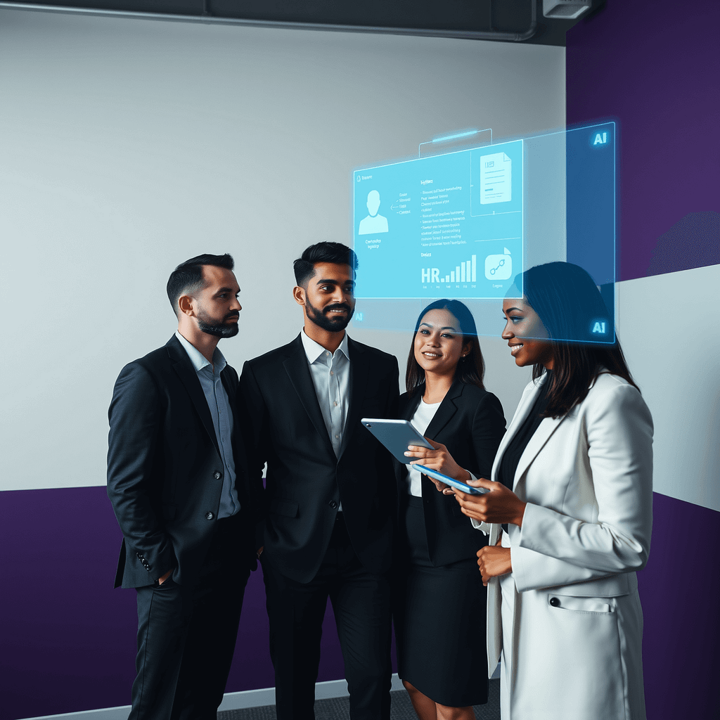 Drei Fachleute analysieren digitale Personalakte auf Touchscreen in modernem Büro mit lila Akzentwand