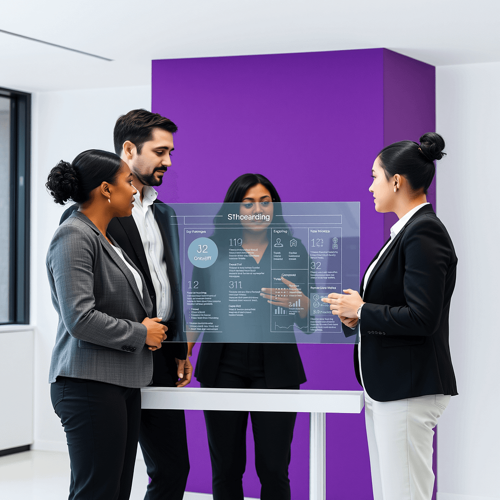 Drei Fachleute bei digitalem Onboarding um transparente Anzeige im modernen Büro