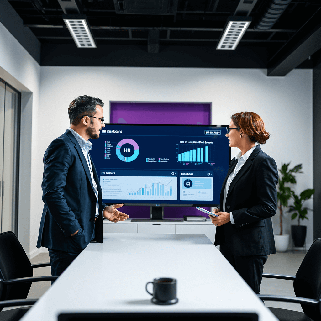 Drei Fachleute analysieren Digitalisierungsstrategie auf HR Dashboard in modernem Büro