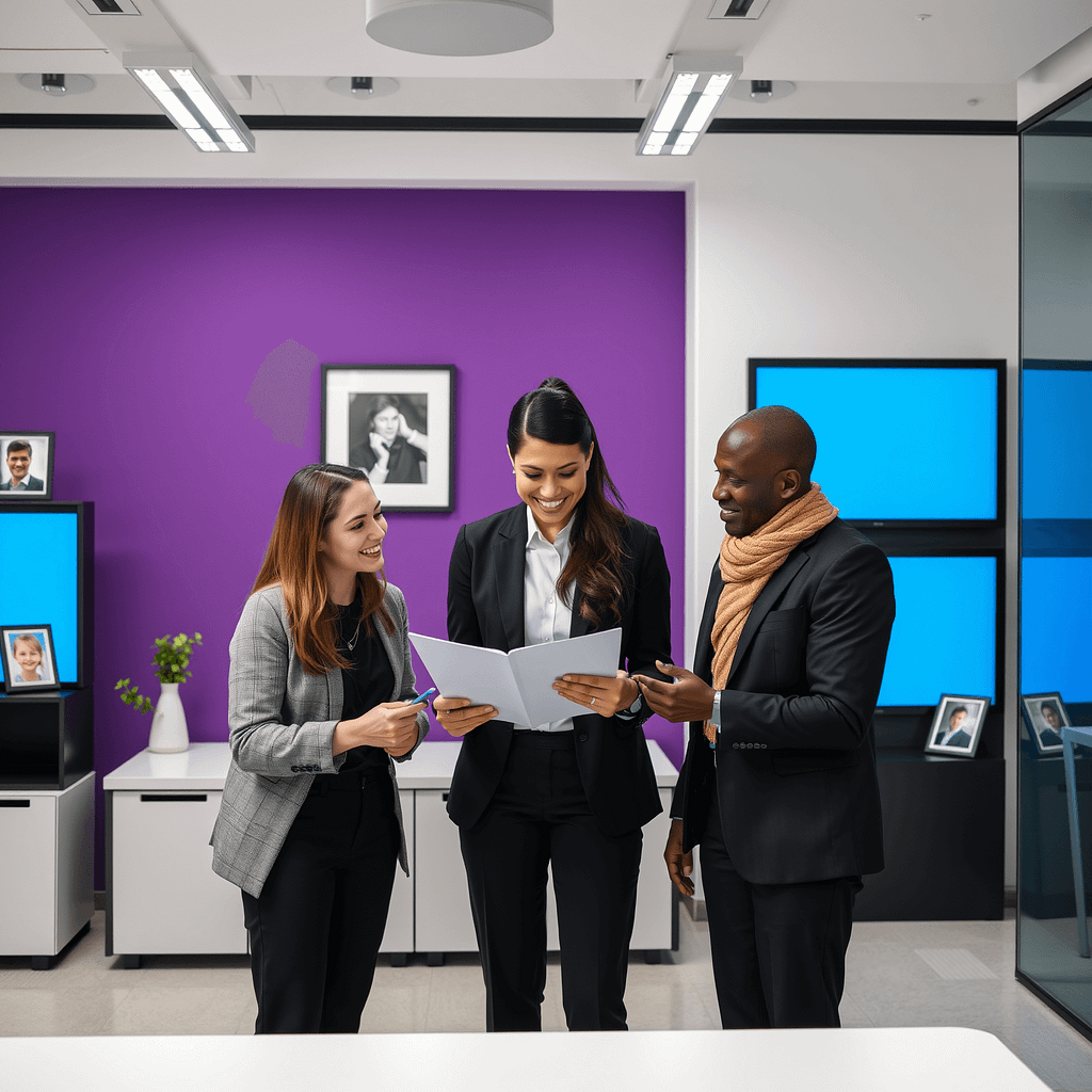 Drei Fachleute besprechen Elternzeit in modernem Büro mit lila Akzentwand und digitalen Displays