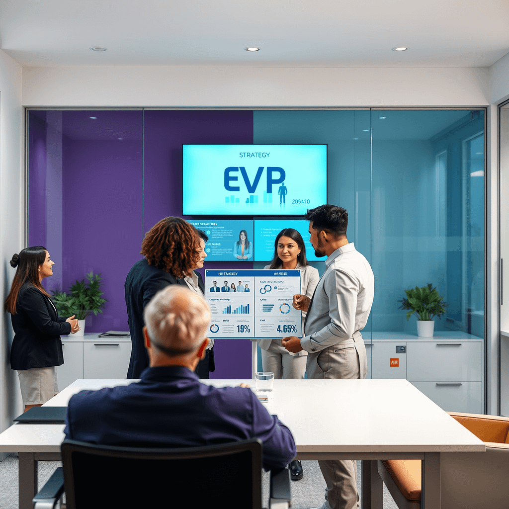 Fünf diverse Fachleute diskutieren Employer Value Proposition in modernem Büro