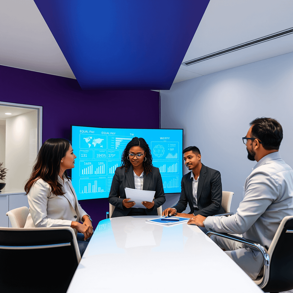 Drei Fachleute analysieren Equal Pay Statistiken auf holographischen Displays in modernem Büro