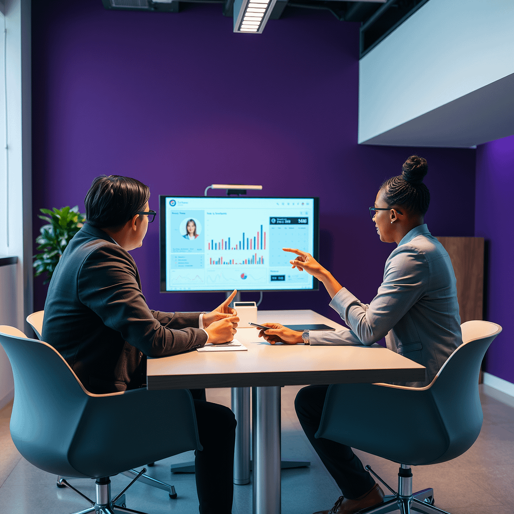 Drei Fachleute im HR analysieren Daten auf blauem Dashboard in modernem Büro Kostentreiber im HR