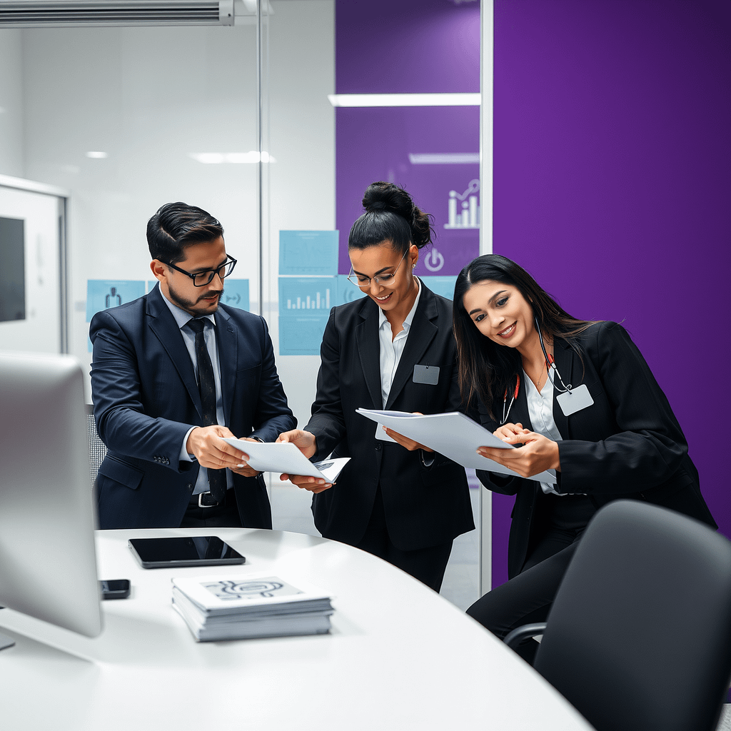Drei Fachleute in Businesskleidung begutachten Krankengeldzuschuss Dokumente im modernen Büro mit lichtblauen medizinischen Symbolen