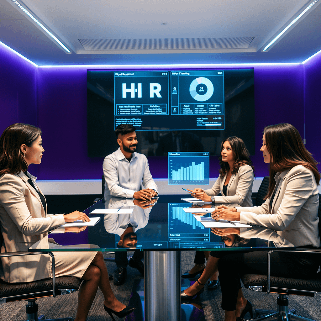 Vier Fachleute diskutieren Mandantenfähigkeit in modernem Büro mit holographischen HR-Analysen