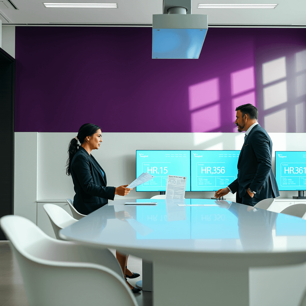 Drei Fachleute diskutieren Scheinselbständigkeit an modernem Konferenztisch in minimalistischem Büro