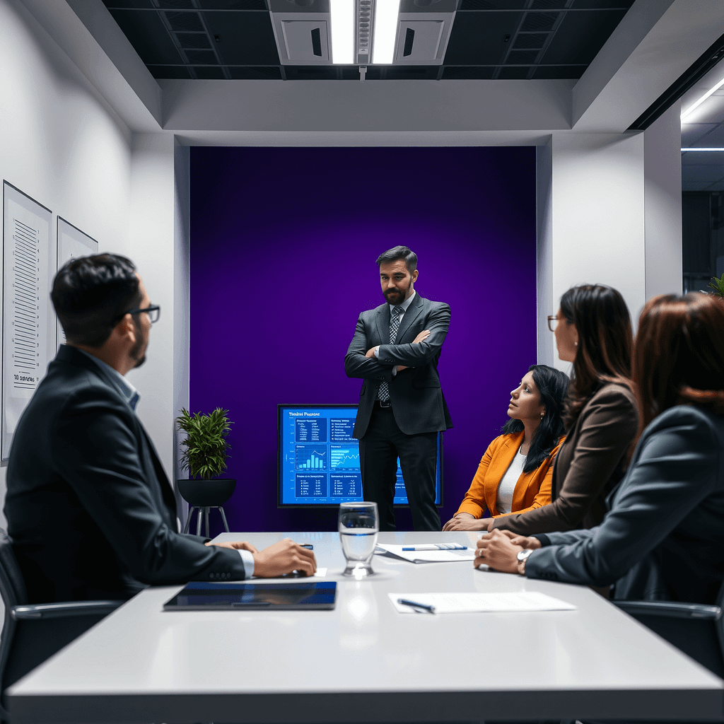 Vier diverse Profis im modernen Büro diskutieren situativen Führungsstil unter Anleitung eines Mentors im Stehen