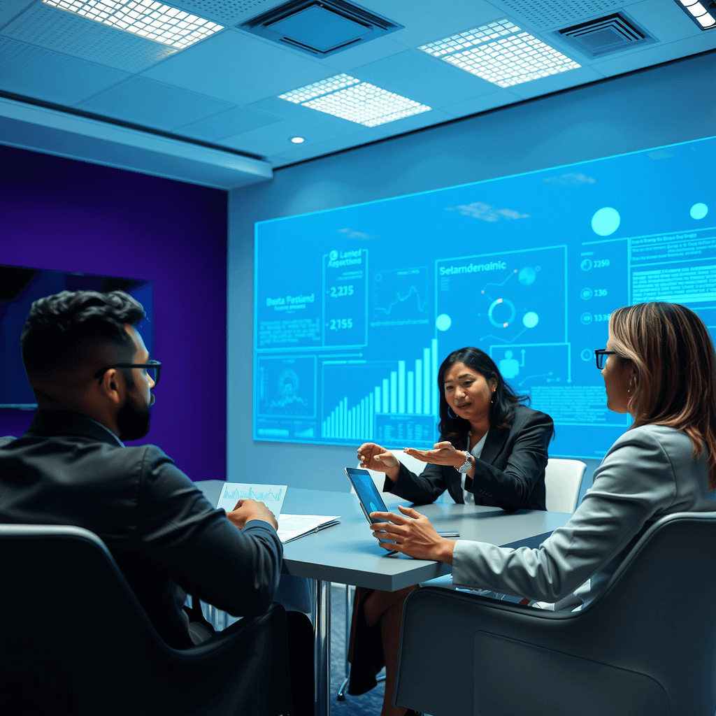 Drei Fachleute bei strategischer Personalplanung analysieren Daten im modernen Büro