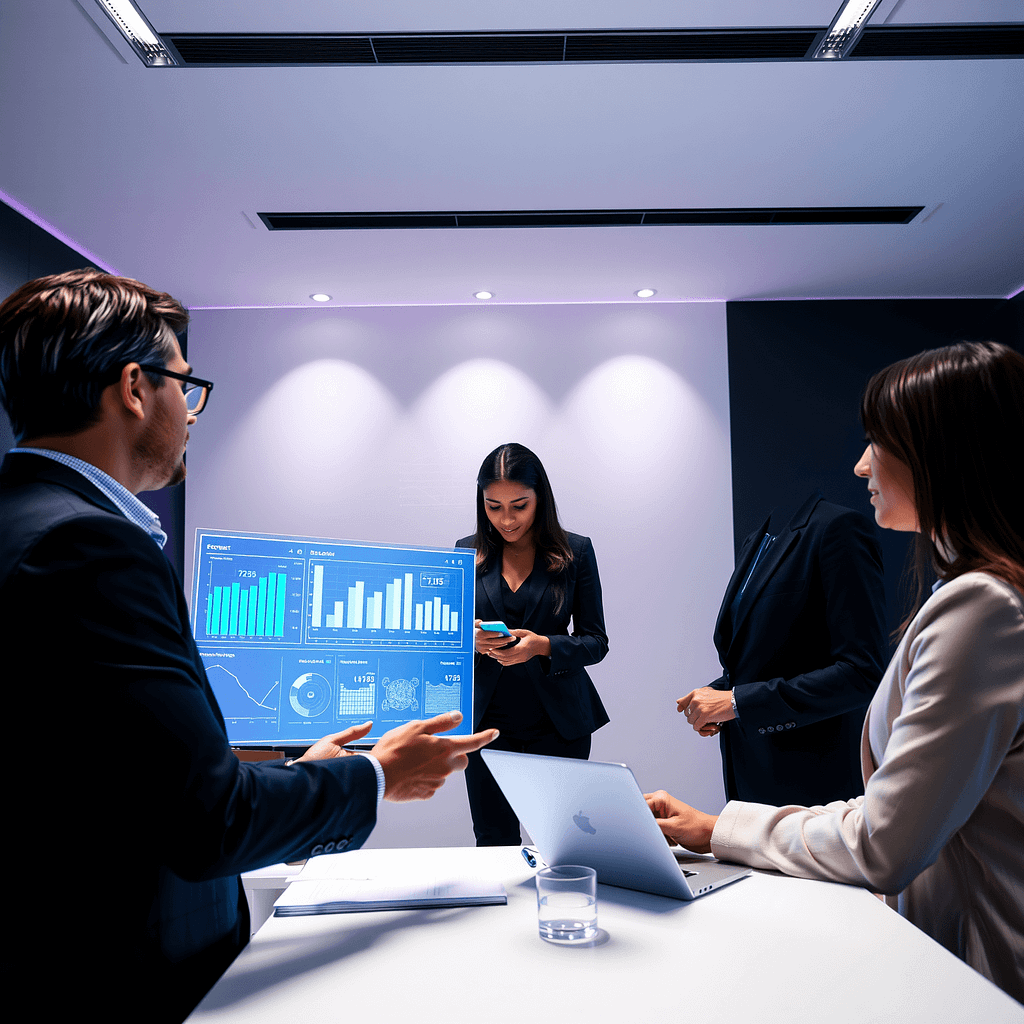 Drei Fachleute in minimalistischem Büro analysieren Leistungsdaten an blauen holografischen Displays Stärken-Schwächen-Analyse