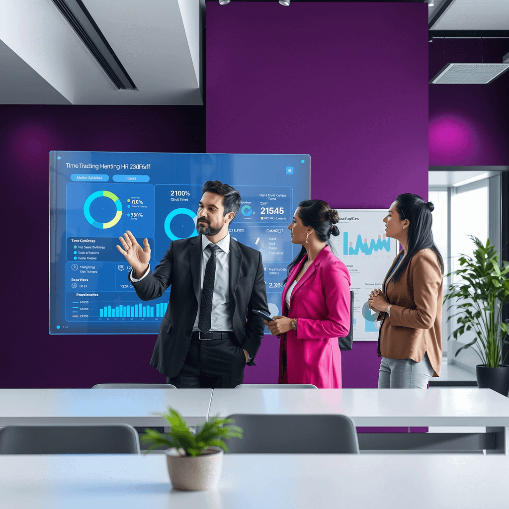 Drei Fachleute analysieren Stundennachweis auf transparentem Display in modernem Büro