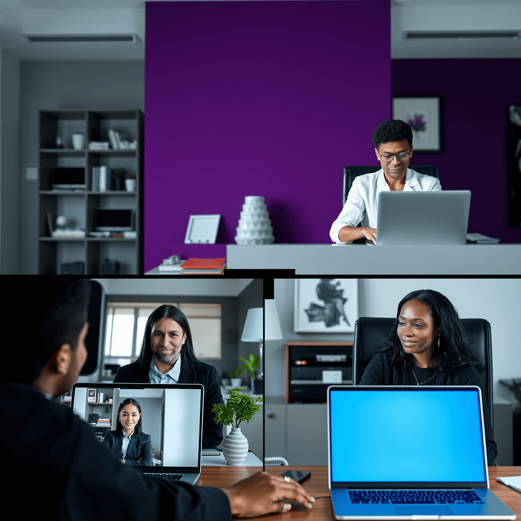 Drei Fachleute in Telearbeit bei virtuellem Meeting in stilvollen Homeoffice mit lila Akzentwänden und blauen Bildschirmen