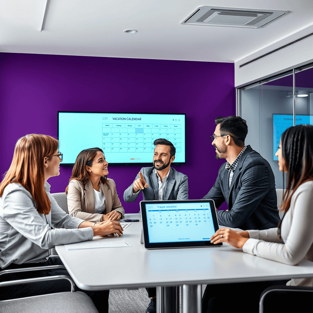 Drei Fachleute diskutieren Urlaubssperre am Besprechungstisch in modernem Büro