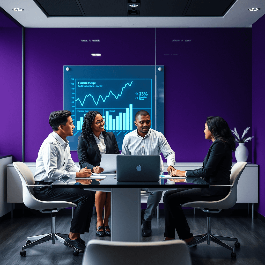 Drei Fachleute besprechen vermögenswirksame Leistungen im modernen Büro mit digitalen Charts