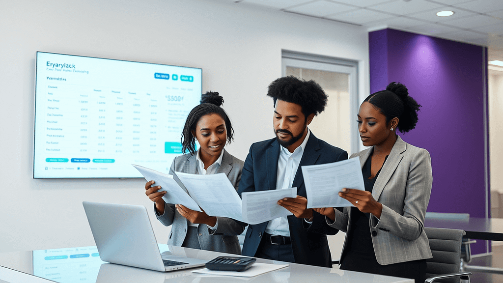 Drei Fachleute diskutieren Payroll Outsourcing Daten im minimalistischen Büro mit lila Akzentwand