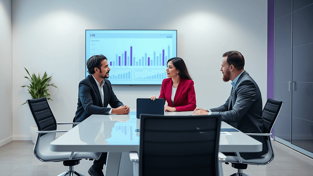 Drei Fachleute in der Personalabteilung diskutieren strategisch an einem modernen Konferenztisch in einem Büro mit tiefvioletter Wand und digitalem Dashboard