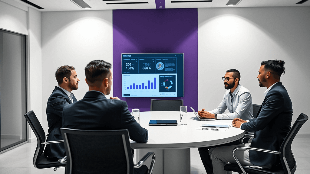 Vier Fachleute diskutieren Personalstrategie in minimalistischem Büro mit lila Akzentwand und digitaler Mitarbeiteranalyse