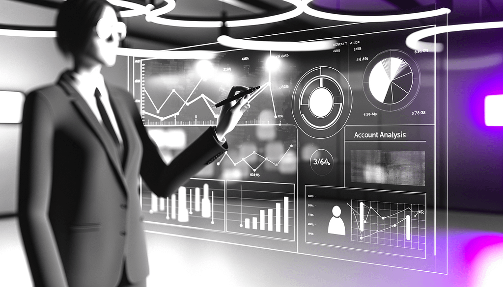 Minimalistische Darstellung von Account Analysis mit abstrakten Datenvisualisierungen Dashboards und Grafikelementen in Schwarz Weiß mit lila Akzenten