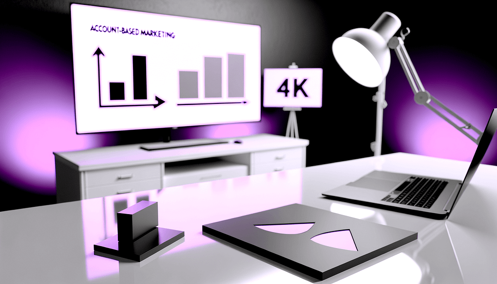 Minimalistische Marketingstrategie Szene mit Fokus auf Account-Based Marketing ABM abstrakte 3D Formen Technik Strategieboard und Lichteffekte