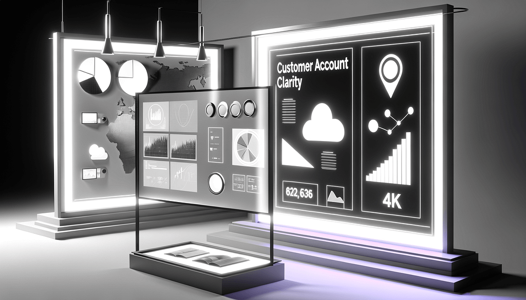 Minimalistische Darstellung von Account Clarity mit abstrakten Datenvisualisierungen und Dashboards in Schwarz Weiß mit lila Akzenten