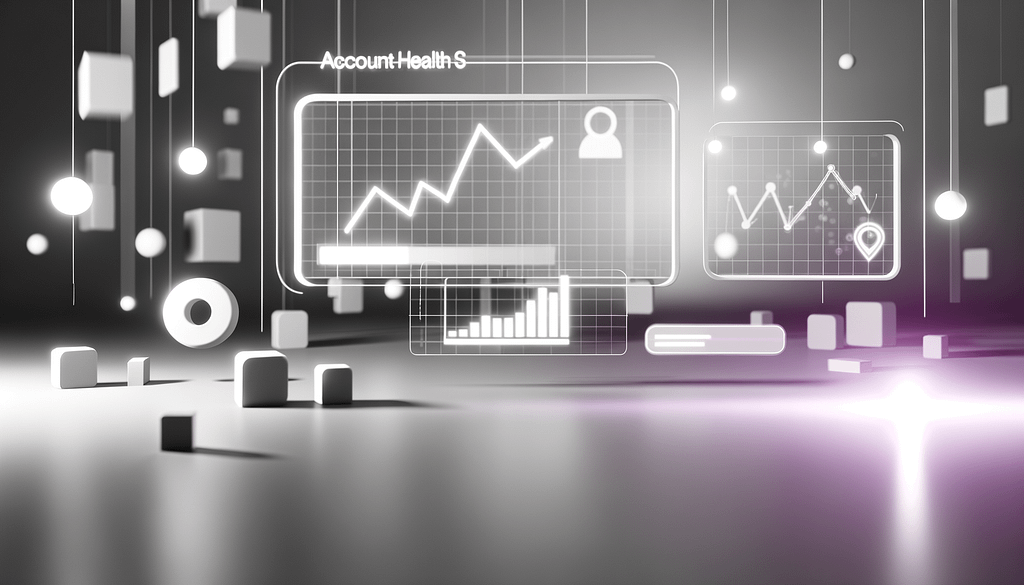 Minimalistische Datenvisualisierung zum Account Health Score mit Dashboard Elementen Graphen und schwebenden UI Details in Schwarz Weiß