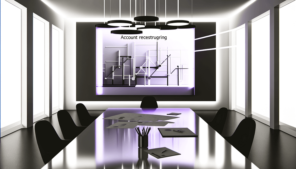 Minimalistische Darstellung von Account Restructure mit abstrakter Architektur Strategieboard und moderner Meetingkulisse in Schwarzweiß