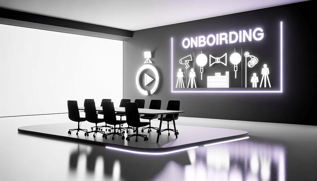 Modernes Konzept von Active Onboarding mit abstrakter Architektur minimalistischem Meetingraum und Symbolen für Teamintegration