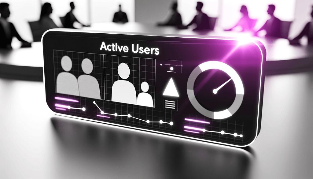 Minimalistische Visualisierung von Active Users mit abstrakten Datenanalysen Dashboard Elementen und Graphen in Schwarz Weiß mit violetten Akzenten