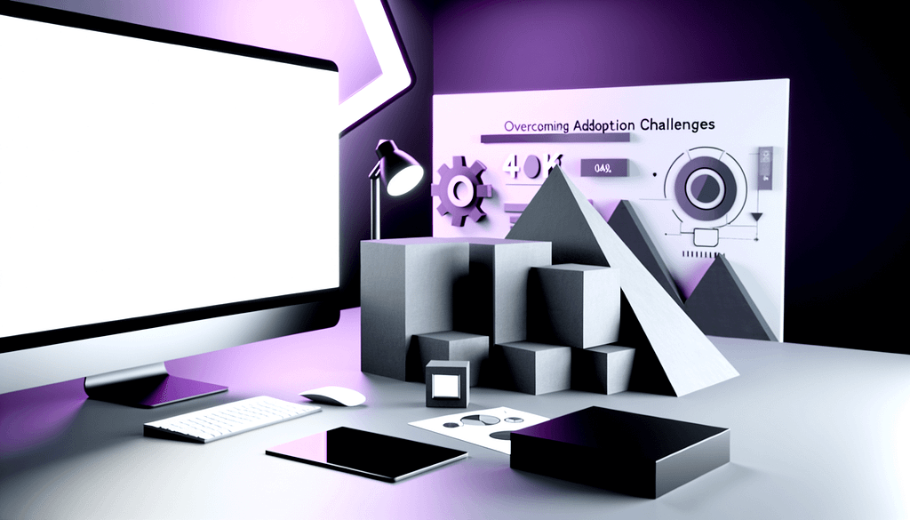 Minimalistische Darstellung von Adoption Challenges mit abstrakten 3D Formen Strategieboard und Technologie in modernem Businessstil