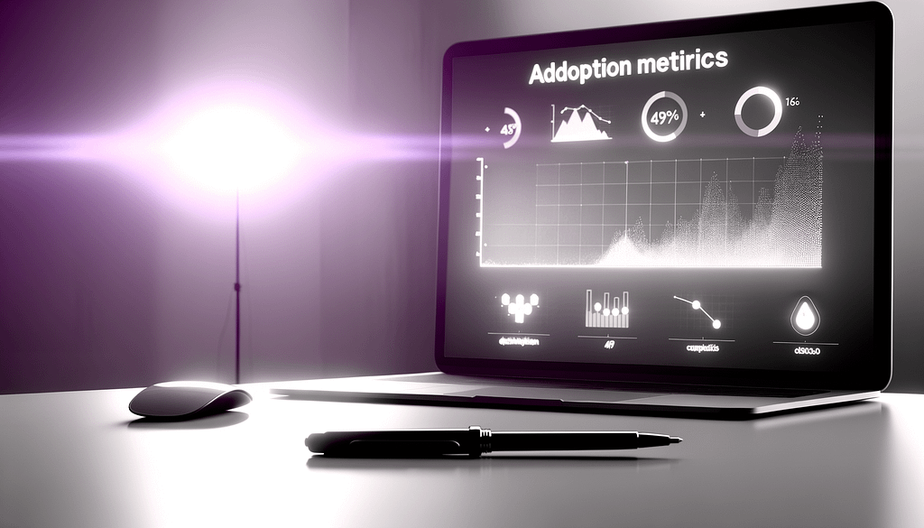 Minimalistische Darstellung von Adoption Metrics mit Datenvisualisierungen Dashboardelementen und subtiler lila Akzentbeleuchtung