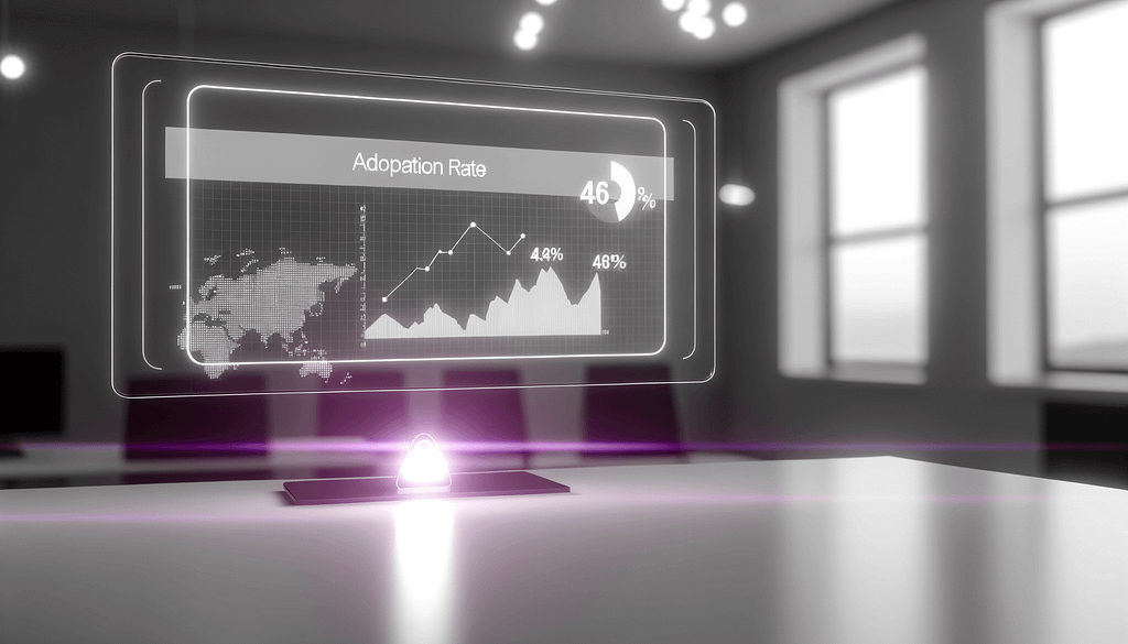 minimalistische Darstellung der Adoption Rate mit abstrakten Datenvisualisierungen und Graphen in modernem Design mit Akzenten in Lila