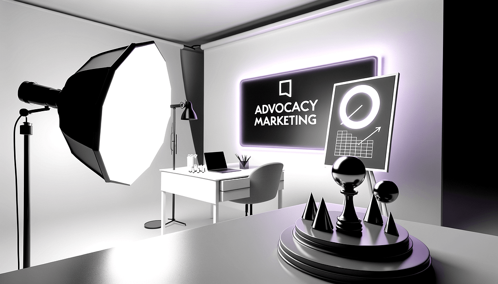 Minimalistische Visualisierung von Advocacy Marketing mit Strategieboard Schreibtisch Technologie und 3D Formen in Schwarz Weiß mit lila Akzentbeleuchtung