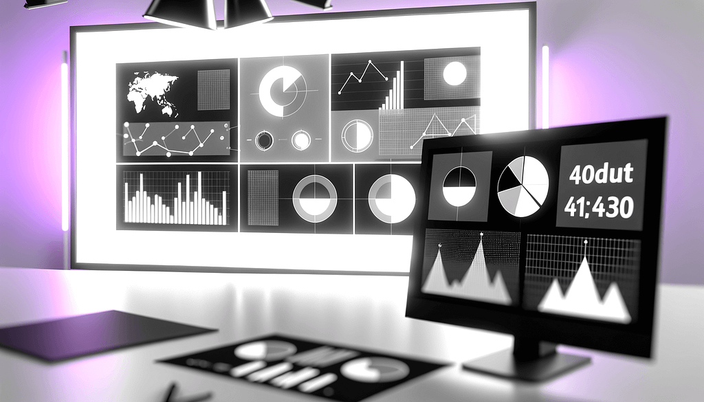 Analytics Dashboard mit minimalistischer Gestaltung abstrakte Datenvisualisierungen und Graphen in Schwarz Weiß mit lila Akzenten