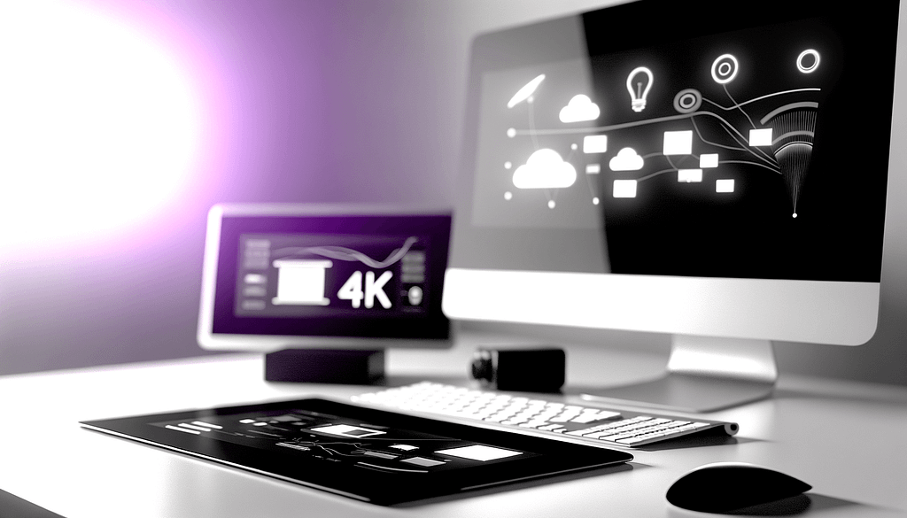 Minimalistische Darstellung automatisierter Workflows in Schwarzweiß mit lila Akzenten und modernen Geräten